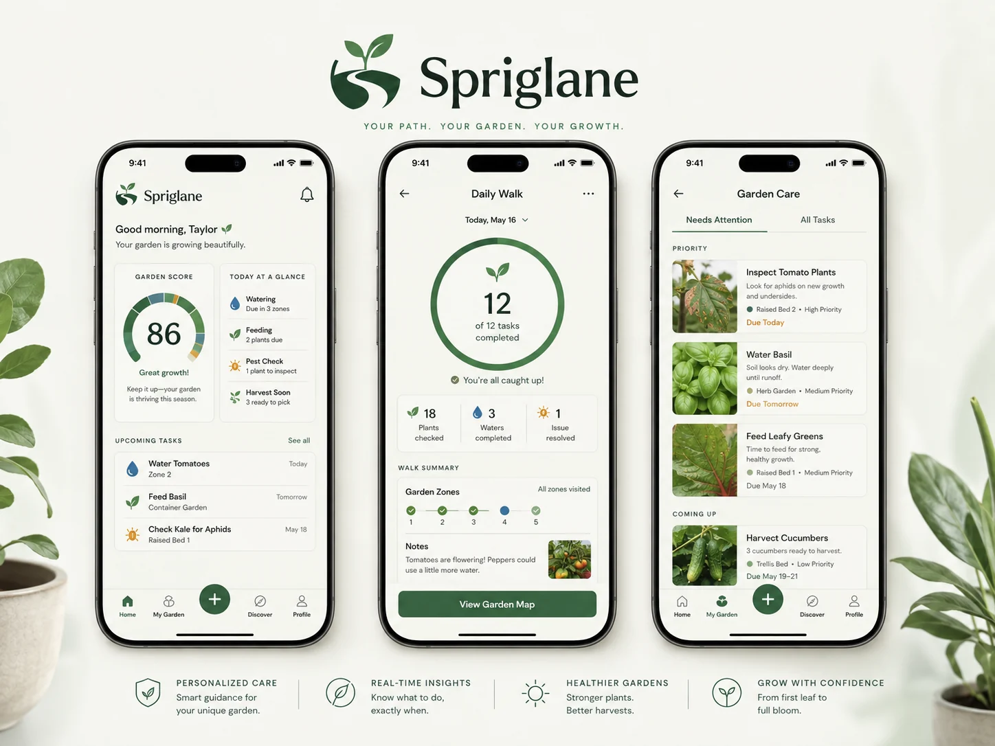 Spriglane app screens showing Home, Daily Walk and Garden Care